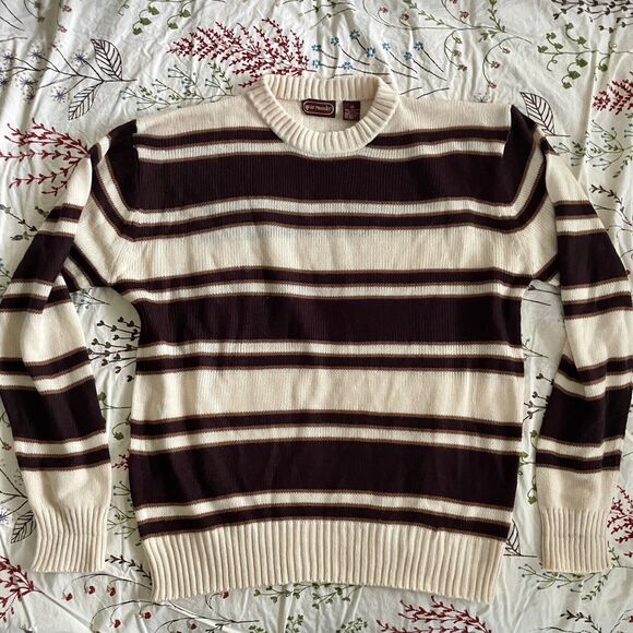 Vintage Year Rounder Sweater Men’s Medium Tan Striped Pullover Sweater - Picture 2 of 13